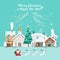 Merry Christmas and a Happy New Year vector greeting card in modern flat design. Snowy landscape with Santa and reindeers