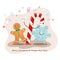 Merry Christmas and happy new year. Vector illustration. Cute picture of a Christmas cookies, snowflakes and candy. Funny greeting