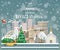 Merry Christmas and Happy New Year in West Virginia. Greeting festive card from the USA. Winter snowing city with cute cozy houses