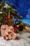 Merry Christmas and Happy New Year. Winter season holiday decoration with teddy bear and gift