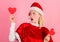 Merry christmas and happy new year. Woman hold heart symbol of love. Bring love to family holiday christmas. I love