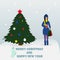 Merry Christmas and Happy New Year. Woman standing with gift. Vector illustration