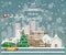 Merry Christmas and Happy New Year in Wyoming. Greeting festive card from the USA. Winter snowing city with cute cozy houses