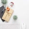 Merry Christmas and Happy new years office work space desktop concept. Flat lay top view with laptop, notebook and Christmas