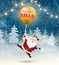 Merry Christmas. Happy Santa Claus with big gold balloon in snow scene. Winter Christmas Woodland Landscape