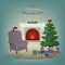 Merry Christmas home interior with a fireplace, Christmas tree, armchair, colorful boxes with gifts, candles