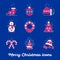 Merry Christmas icon set. Snowman skates mittens wreath boll bell snowball sweets tree on a blue background.