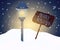 Merry christmas illustration, glowing street lamp, wooden sign wishing merry christmas, snowflakes and snow