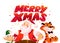 Merry Christmas illustration with little dwarf, Santa Claus, tiger characters and text congratulation isolated.