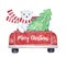 `Merry Christmas` illustration with red vintage truck and cute polar bear.