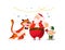 Merry Christmas illustration with Santa Claus, tiger mascot and elf celebrate isolated.