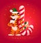 Merry Christmas illustration with tiger in santa hat and little dwarf at big lollipop isolated.