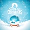 Merry Christmas illustration with typography and magic snow globe on winter landscape background. Vector Christmas
