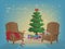 Merry Christmas interior with Christmas tree, armchairs, colorful boxes with gifts, blanket, slippers, hot milk, a croissant, cat