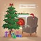 Merry Christmas interior with fireplace, Christmas tree, armchair, boxes with gifts, candles, Santa Claus hat, decorations, cat