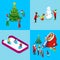 Merry Christmas Isometric Greeting Card Set. Santa with Gifts, Christmas Tree with Children, Ice Rink
