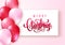 Merry Christmas lettering. Elegant greeting card with realistic glossy flying balloons and sparkling confetti on lighten pink