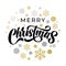Merry Christmas lettering with golden, silver snowflake ornaments and gold foil ball dots decoration. Merry Christmas calligraphy