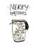 Merry Christmas lettering and hand drawn illustration of jar with glowing garland lights.