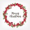 Merry Christmas lettering inside holiday wreath or circular garland made of lingonberries. Round frame consisted of