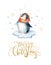 Merry Christmas lettering with watercolour fun pinguin. New year card.