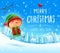 Merry Christmas! Little elf with gift present in Christmas snow scene winter landscape