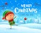 Merry Christmas! Little elf greets in Christmas snow scene winter landscape
