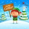 Merry Christmas! Little elf holds wooden board sign in Christmas snow scene winter landscape