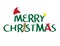 Merry Christmas logo with santa hat, Yellow star, gingerbread cookie and red ribbon on white background