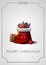 Merry Christmas, modern vertical silver postcard with vintage frame of lines and Santa Claus bag with presents