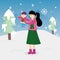 Merry christmas mother carrying little son trees snow outdoor