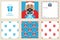 Merry Christmas and New year greeting card set. Seamless patterns. Cute asian Santa.