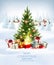 Merry Christmas and New Year holiday background with presents, christmas tree and and winter village.