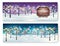 Merry Christmas and New Year Holiday banners with evening winter landscape and lamppost.