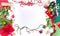 Merry Christmas and New Year holidays banner. Gift wrapping workspace. Decoration presents making flat lay top view Xmas