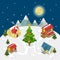 Merry Christmas New Year houses fir tree flat vector isometric