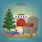Merry Christmas and New Year interior with fireplace, Christmas tree, armchair, boxes with gifts, candles, socks, decorations, cat