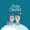 Merry Christmas New Year`s card design funny gray husky dog in red hat, Kawaii face with large eyes and pink cheeks, boy and girl