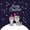 Merry Christmas New Year`s card design funny gray husky dog in red hat, Kawaii face with large eyes and pink cheeks, boy and girl