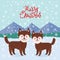 Merry Christmas New Year`s card design Kawaii funny brown husky dog, face with large eyes and pink cheeks, boy and girl, mountain