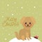 Merry Christmas New Year`s card design Kawaii funny golden beige dog, face with large eyes and pink cheeks. white snow christmas