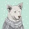 Merry Christmas New Year`s card design Scandinavian style White dog in a grey knitted sweater. Shepherd. Sketch drawing. Black co