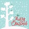 Merry Christmas New Year`s card design tree with white snow on the branches, birds, snowflakes on sky-blue sky background. Vector