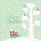 Merry Christmas New Year`s card design tree with white snow on the branches, birds, snowflakes and stars, sleigh with gifts on sk