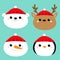 Merry Christmas. New Year. White polar bear Snowman Deer Penguin bird Raindeer round face head icon set. Cute cartoon funny kawaii