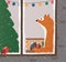 Merry Christmas and New Years home interior with fox in window, Christmas tree, hanging decoration baubles, fireplace with socks