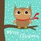 Merry Christmas. Owl bird wearing red scarf. Cute cartoon kawaii funny baby character sitting on tree branch. Snow flake blue