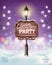 Merry Christmas Party Flyer background with evening winter landscape and lamppost.