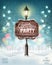 Merry Christmas Party Flyer background with evening winter landscape and lamppost.