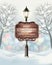 Merry Christmas Party Flyer background with winter landscape and lamppost.